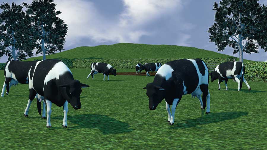 A computer-generated image showing cows grazing in a field