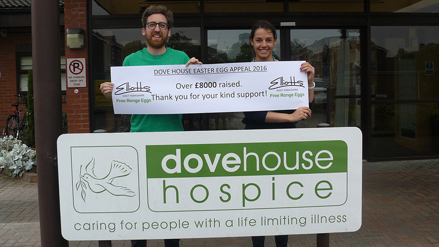 Two people hold a sign stating: Dove House Easter egg appeal 2016, over £9000 raised. Thank you for your kind support and Elliots East Yorkshire free-range eggs. The two people are outside the Dovehouse hospice