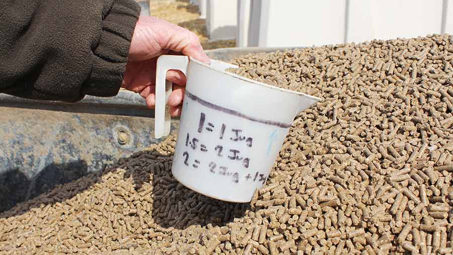 A measuring jug is used to scoop up high-protein concentrate