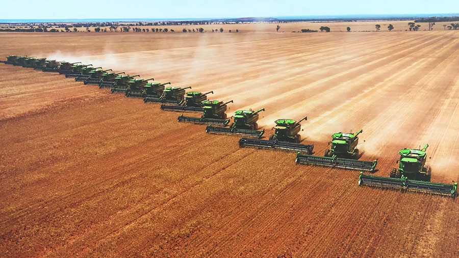 Combine harvesters work on a field in Australia