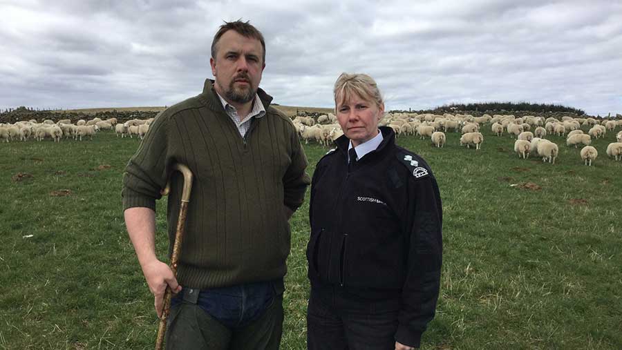 John Fyall and Gill MacGregor in a field with sheep