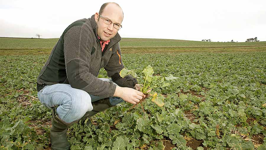 Jake Freestone squats in a field of oilseed rape