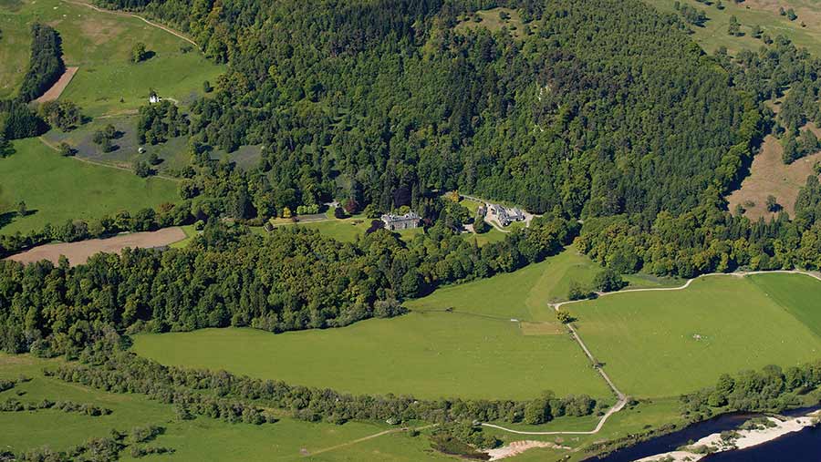 The 6,000-acre Kinnaird Estate was launched for sale by Knight Frank and Bidwells in September at offers in excess of £9.6m. It has two mixed cropping and livestock farms, Balmacneil Farm (165 acres) and Balnamuir Farm (114 acres). © Aerial Photography Solutions