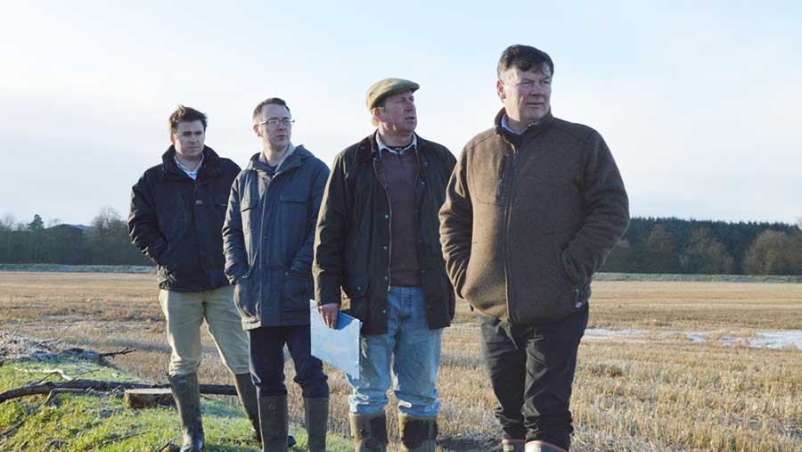 Left to right: Local farmer Rob Strachan, NFUS chief executive Scott Walker, local farmer Bob Strachan and president Allan Bowie. © NFU Scotland