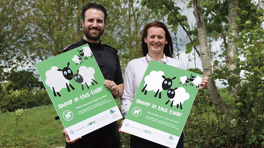 Sgt Tom Carter and Fiona Baker with 'Sheep in this field' posters