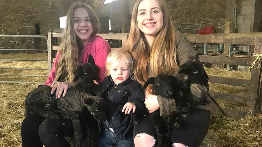 Katie, Lydia and Lenny Down with the quintuplet lambs