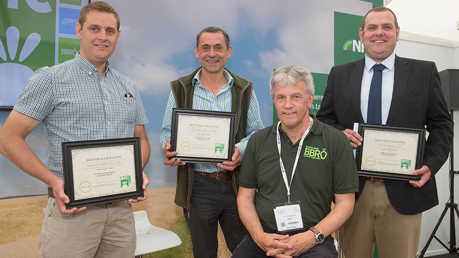 From left to right: Will Jones, Salle Farms; Guy Hitchcock, Hitchcock Farms; Simon Bowen, BBRO; and Phil Burrell, agronomist © Tim Scrivener