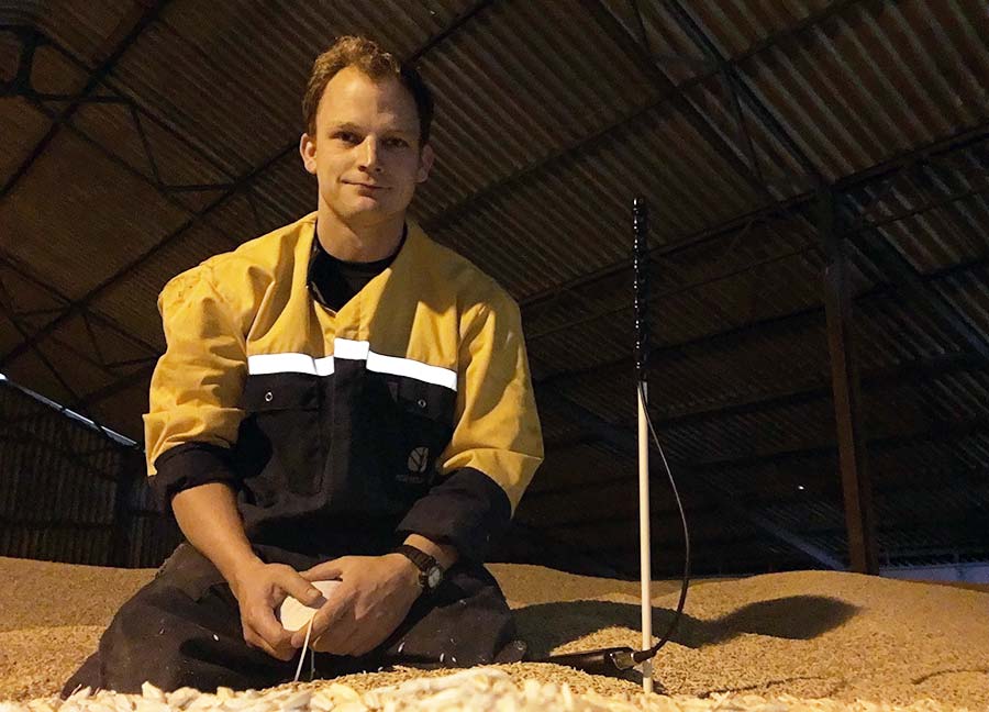 Will Sargent checking temperatures in his grain store