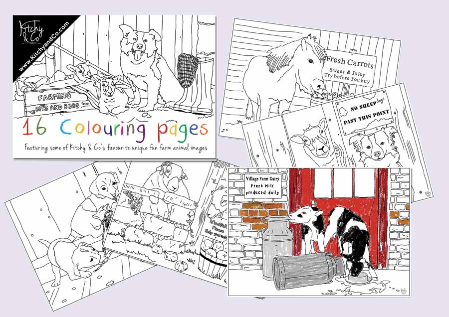 Colouring pages featuring dogs, ponies, calves and lambs