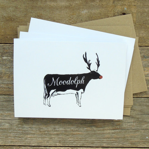 Greeting cards featuring Moodolph the festive cow