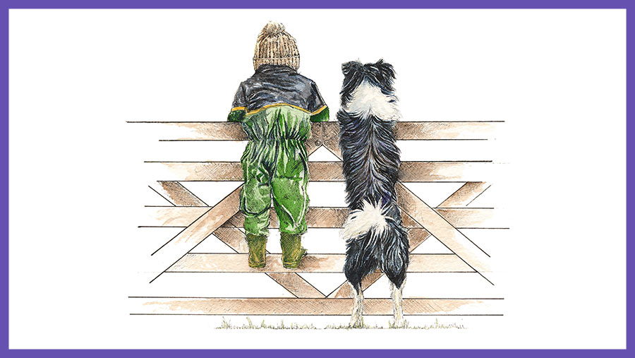 Kate Simpson's artwork Morning Check shows a child in overalls and a collie dog both looking over a gate