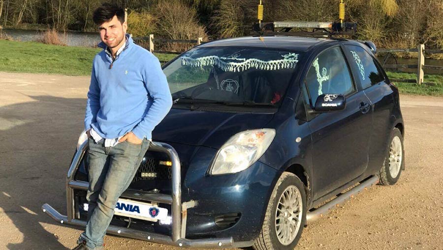 Cameron Chettle with his Toyota Yaris customised as a Scania lorry