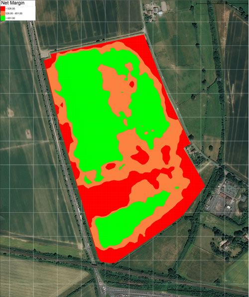 Satellite view of field with coloured areas overlaid