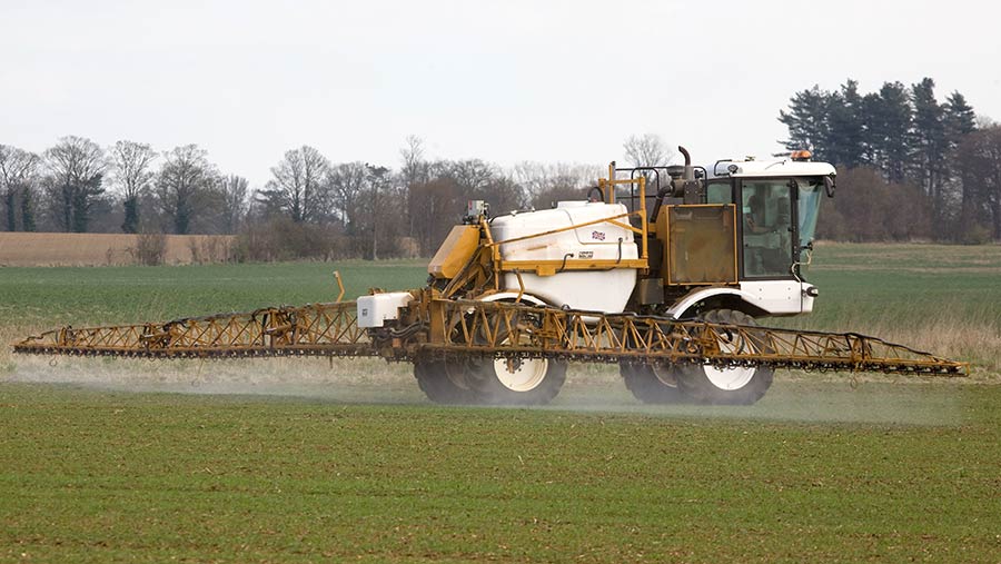 Self-propelled sprayer spraying wheat in autumn