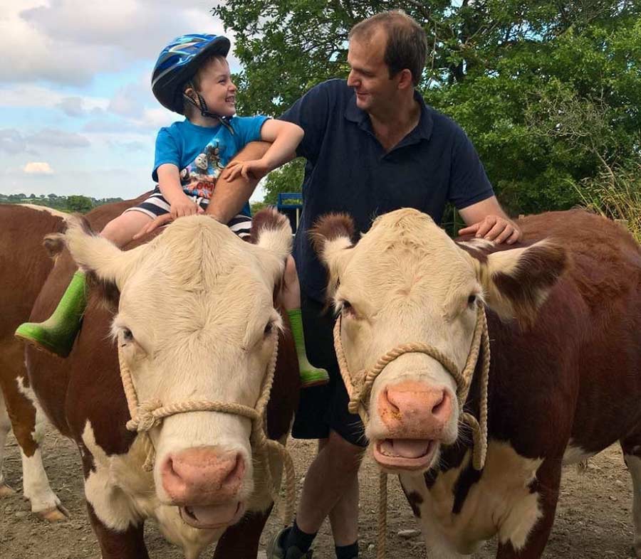 Father and son with Herefords