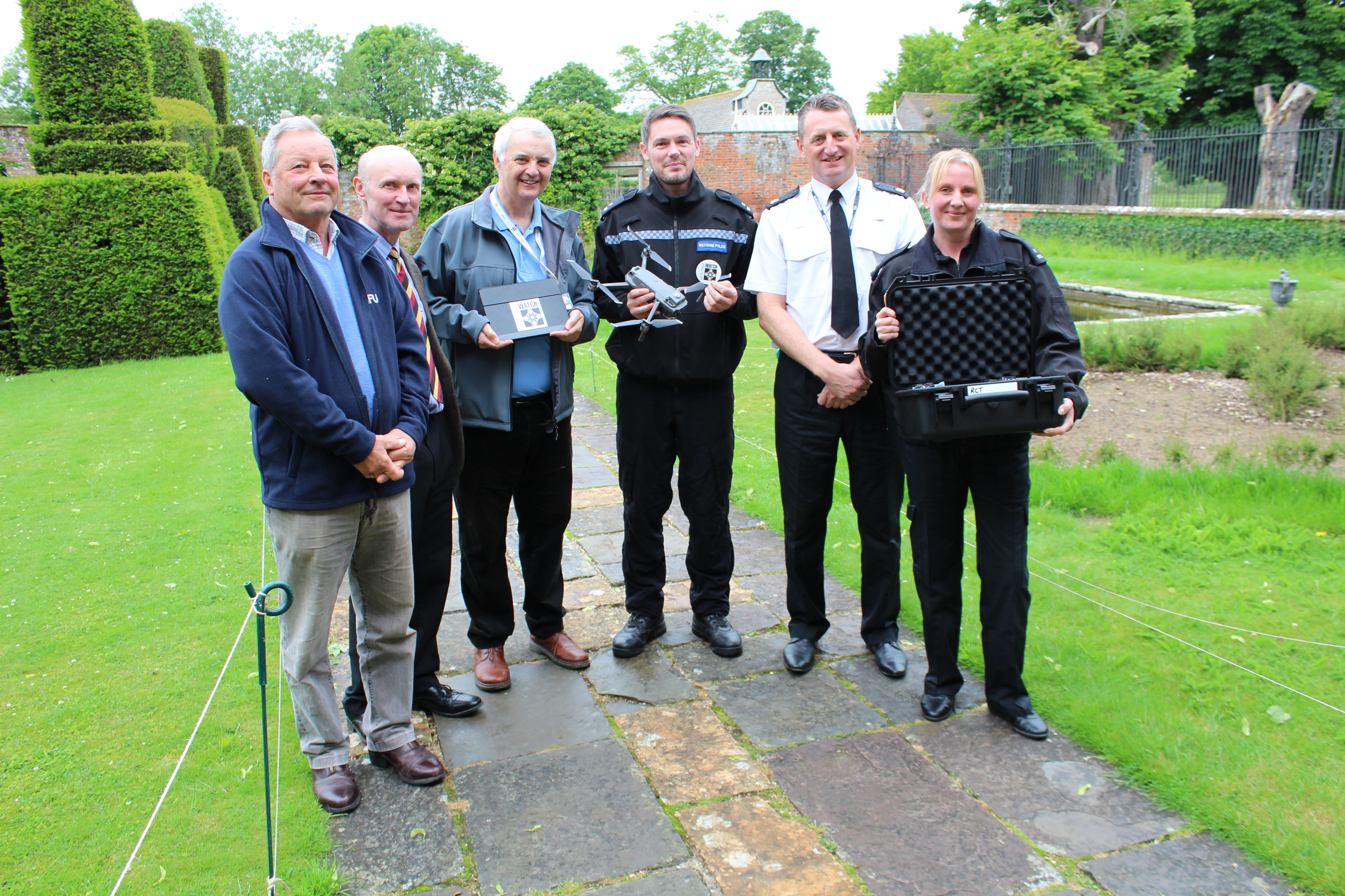 Picture shows (left to right): NFU Chippenham chairman Nick Bush, NFU Wiltshire chairman Mark Jeffery, Head of Heritage Crime Strategy for Historic England Mark Harrison, rural crime officer PC Marc Jackson, Supt Phil Staynings and rural crime officer PC Emily Thomas with the new drone.