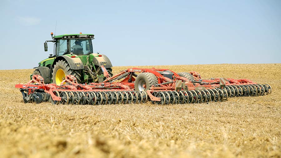 A tractor pulling a cultivator