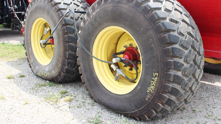 Deflated tyre on slurry tanker