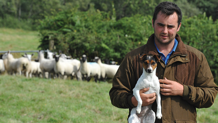 Luke Watts holding dog with sheep in background