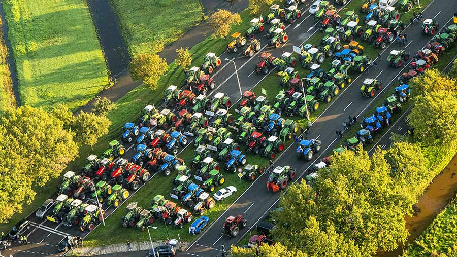 Aerial view of road blocked by farmers in protest around De Bilt, The Netherlands
