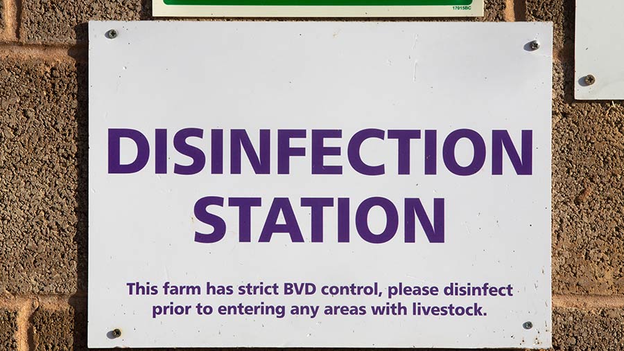 Sign on a farm that reads "disinfection station"