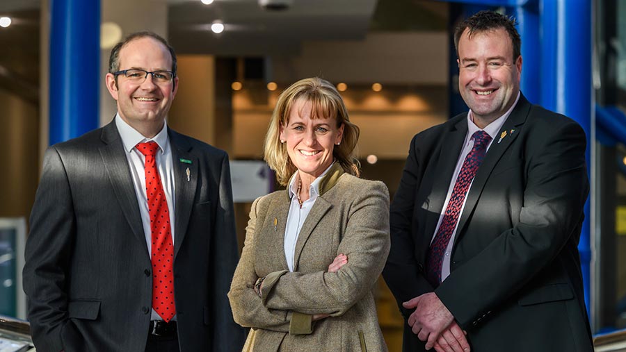 Tom Bradshaw, left, Minette Batters and Stuart Roberts © NFU