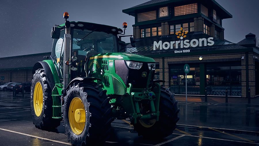 John Deere tractor outside a Morrisons store