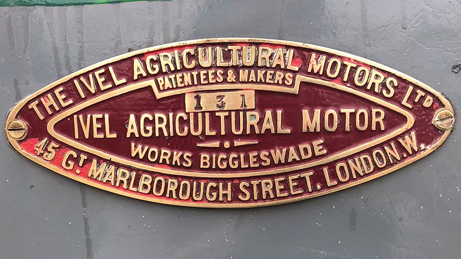 Brass manufacturer's plate on the side of the Ivel