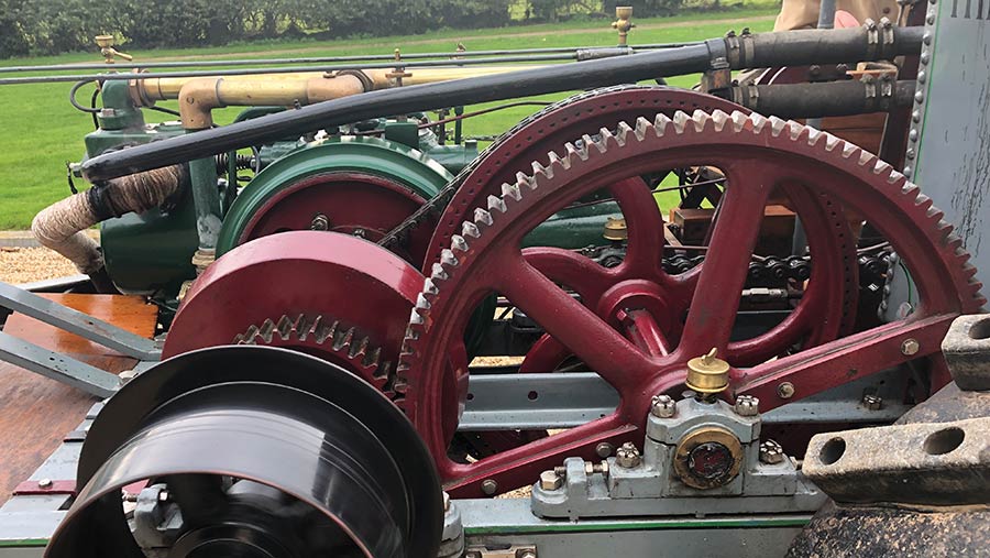 Close-up of tractor's cast-iron gear wheels