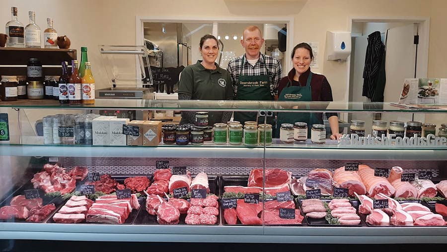 Anna Blumfield (right) with Scott Saddington and Cherry Adams in the farm shop butchers