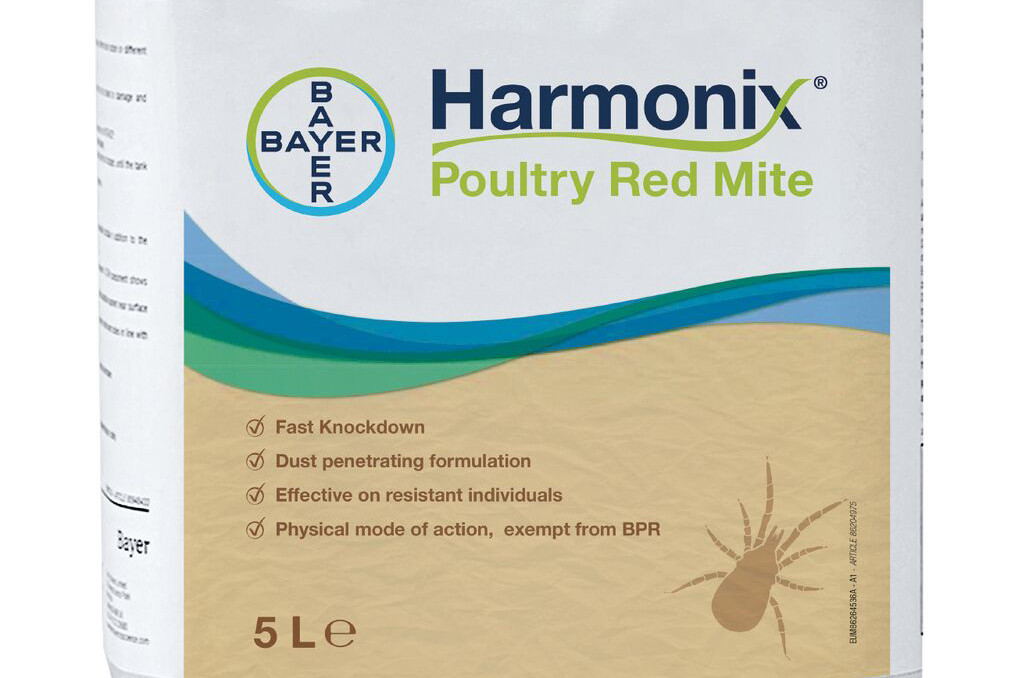 Harmonix Poultry Red Mite is a spray-application treatment that creates a ‘sticky barrier’ that immobilises red mite and can be applied in populated sheds. Photo: Bayer