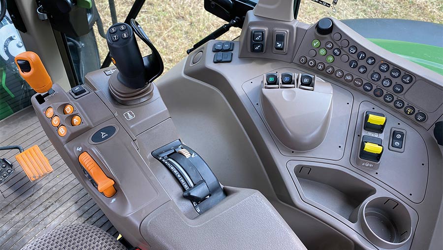 Controls inside cab of John Deere 6120M tractor