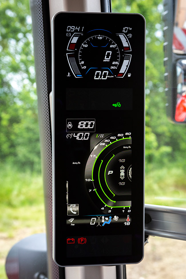 Controls and data screen inside Massey Ferguson 8S tractor cab