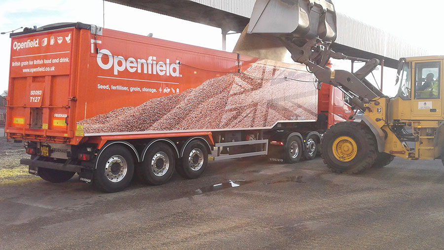 Openfield lorry being loaded with grain