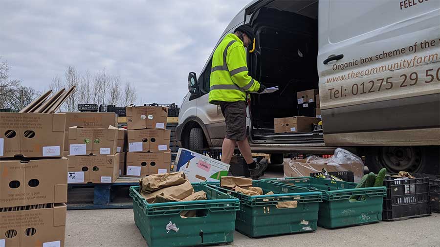 Loading veg boxes into a van at The Community Farm