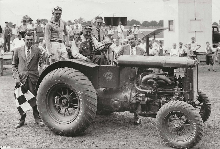 An Allis Chalmers racing tractor with Ab Jenkins at the wheel