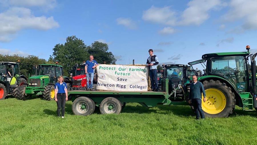 Tractor and trailer with a sign reading Protect our Farming Future Save Newton Rigg College