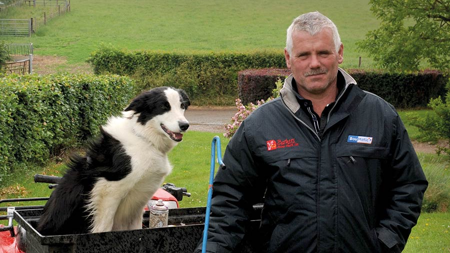 Farmer Gordon Wyeth with his dog and a quad bike