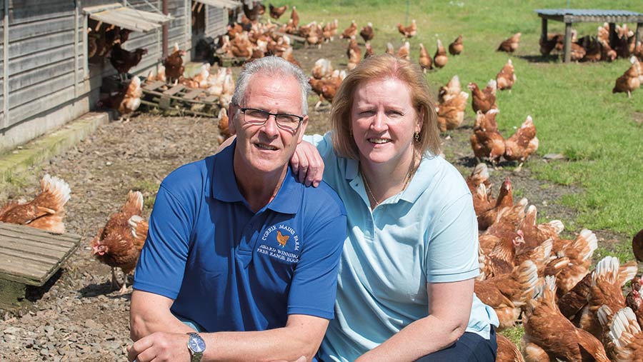 Jim and Anne Smillie with chickens