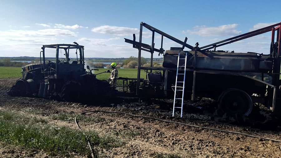 Burnt out tractor on farm