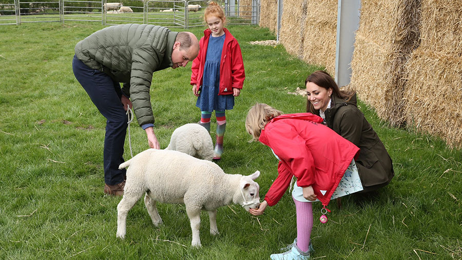 Duke and Duchess of Cambridge with children and lambs