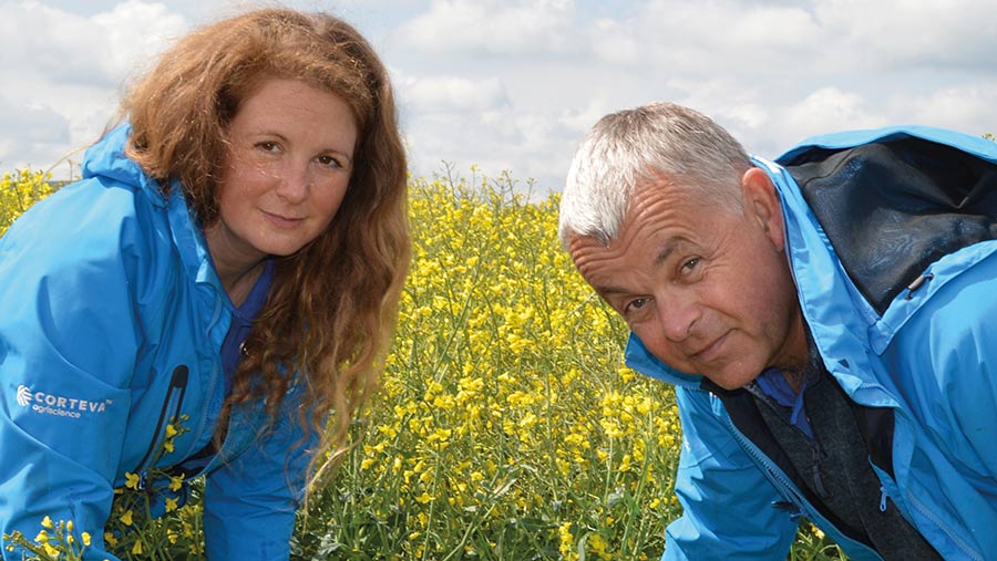 Corteva's Roz Howling (left) and Jonathan Bellamy in OSR crop
