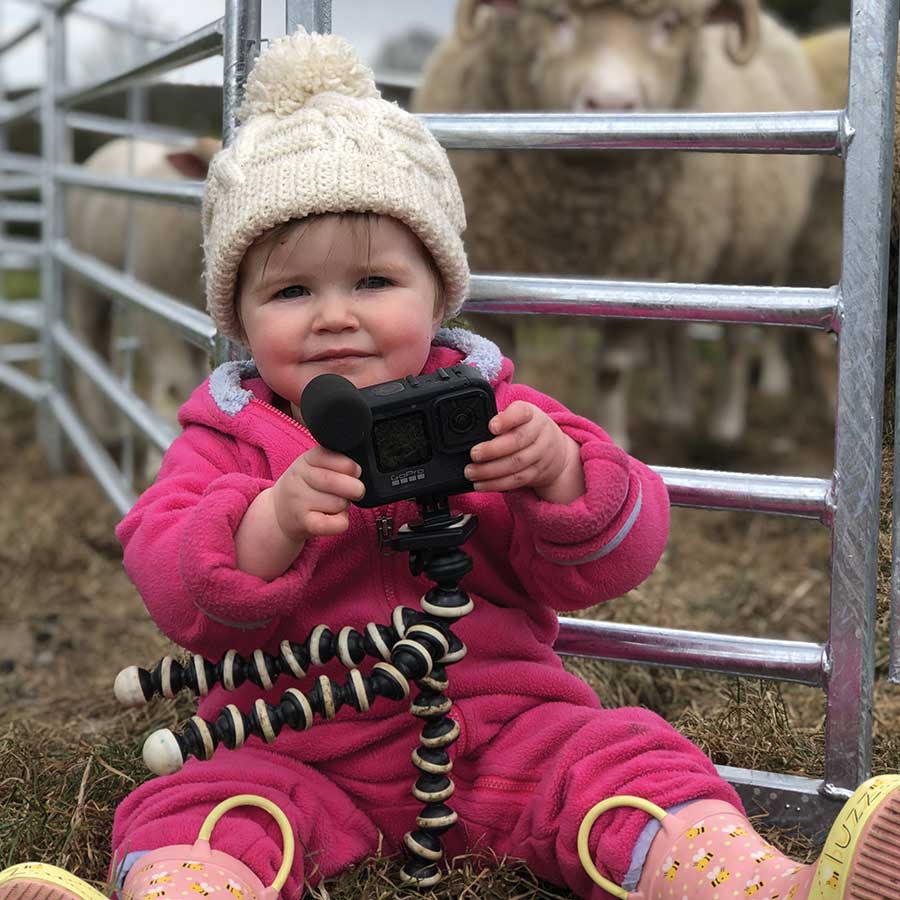 Girl with camera and sheep in background