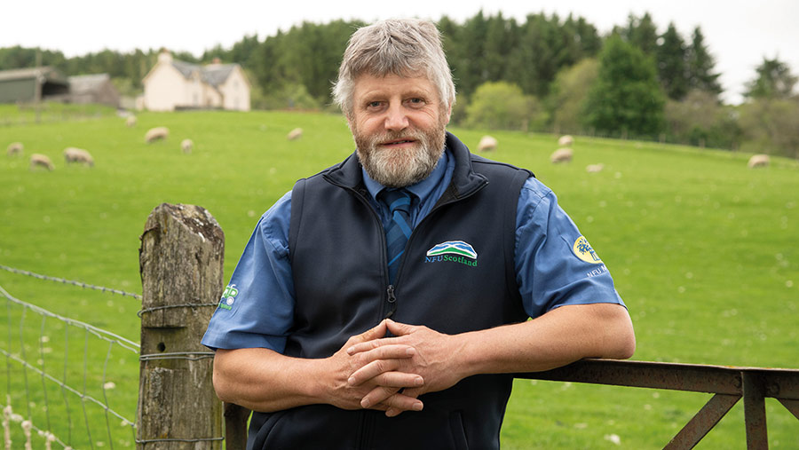 Martin Kennedy at farm gate with sheep in background