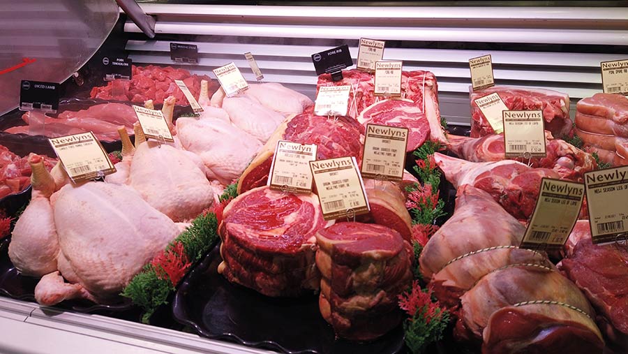 Assorted cuts of meat in a chiller display cabinet