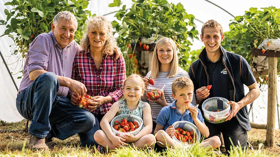 The Mounce family with strawberries