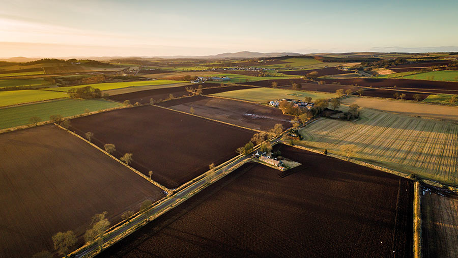 Aerial view of plowed fields