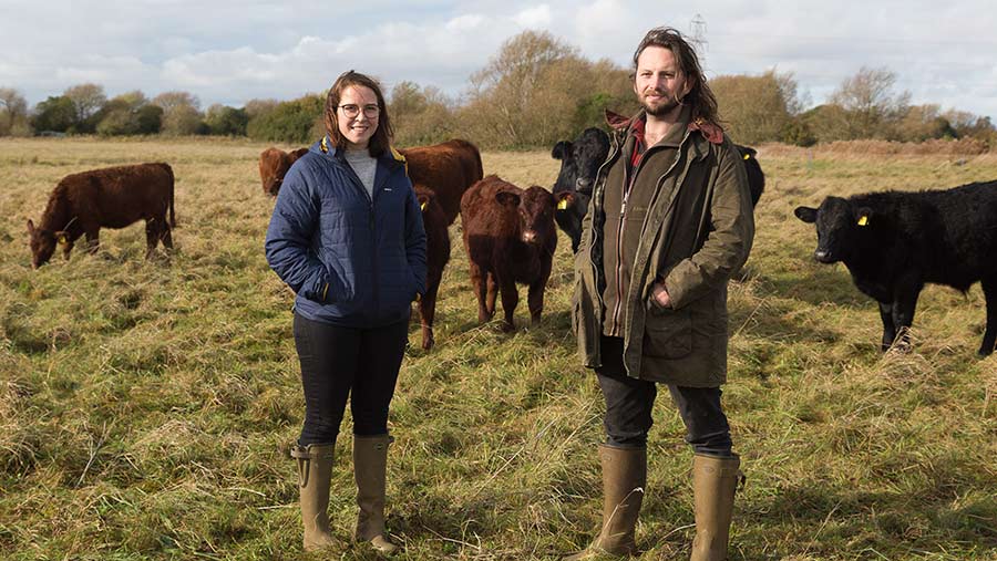 FAI Farms’ Annie Rayner and Silas Hedley-Lawrence  in field with cows