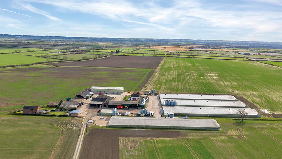 Aerial view of farm with long poultry sheds