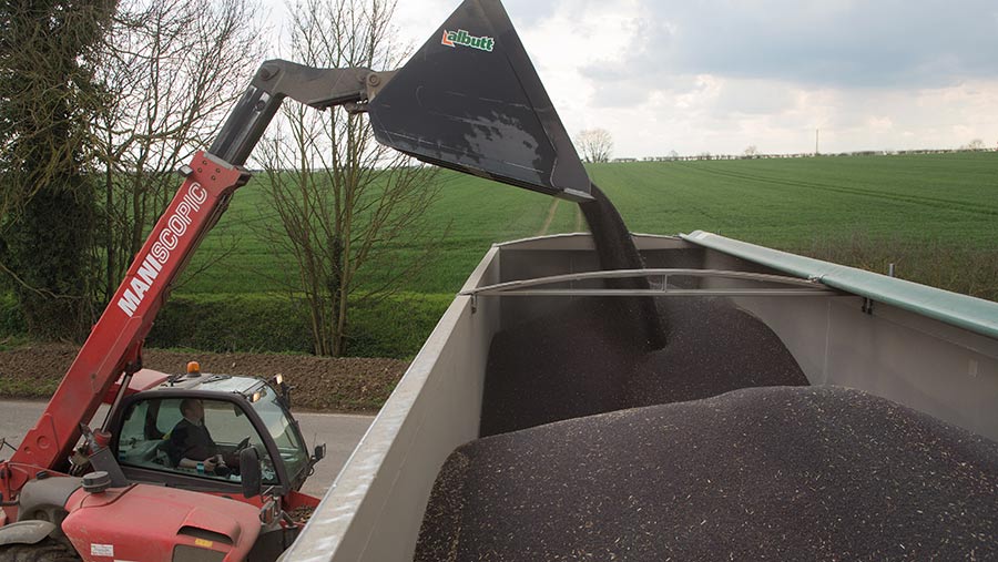 Telehandler loading oilseeds intpo a lorry